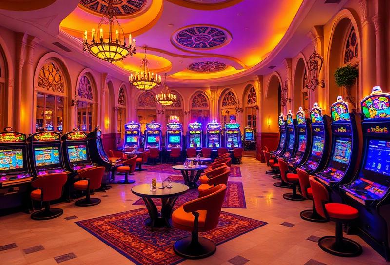 Panoramic view of a luxurious casino floor with roulette tables and slot machines